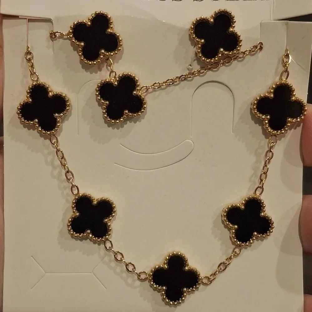 18K Gold Plated Black Alhambra Clover Motifs Set of Bracelet Earrings & Necklace